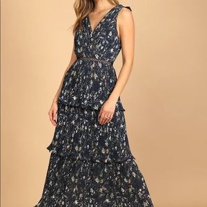 LuLu’s Such Sophistication Navy Blue Floral Print Pleated Maxi Dress
